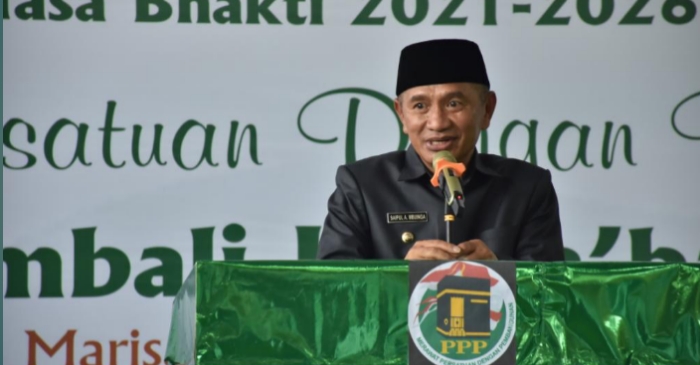 Bupati Pohuwato, Saipul A. Mbuinga saat memberikan sambutan pada acara pelantikan DPC PPP Pohuwato. (Foto : Humas/Iwan)